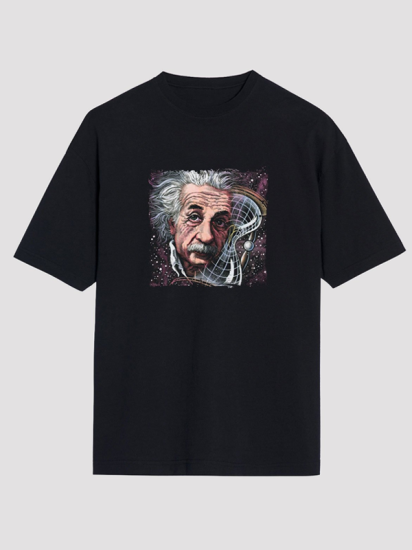 Albert Einstein Baskılı Siyah Oversize Tişört